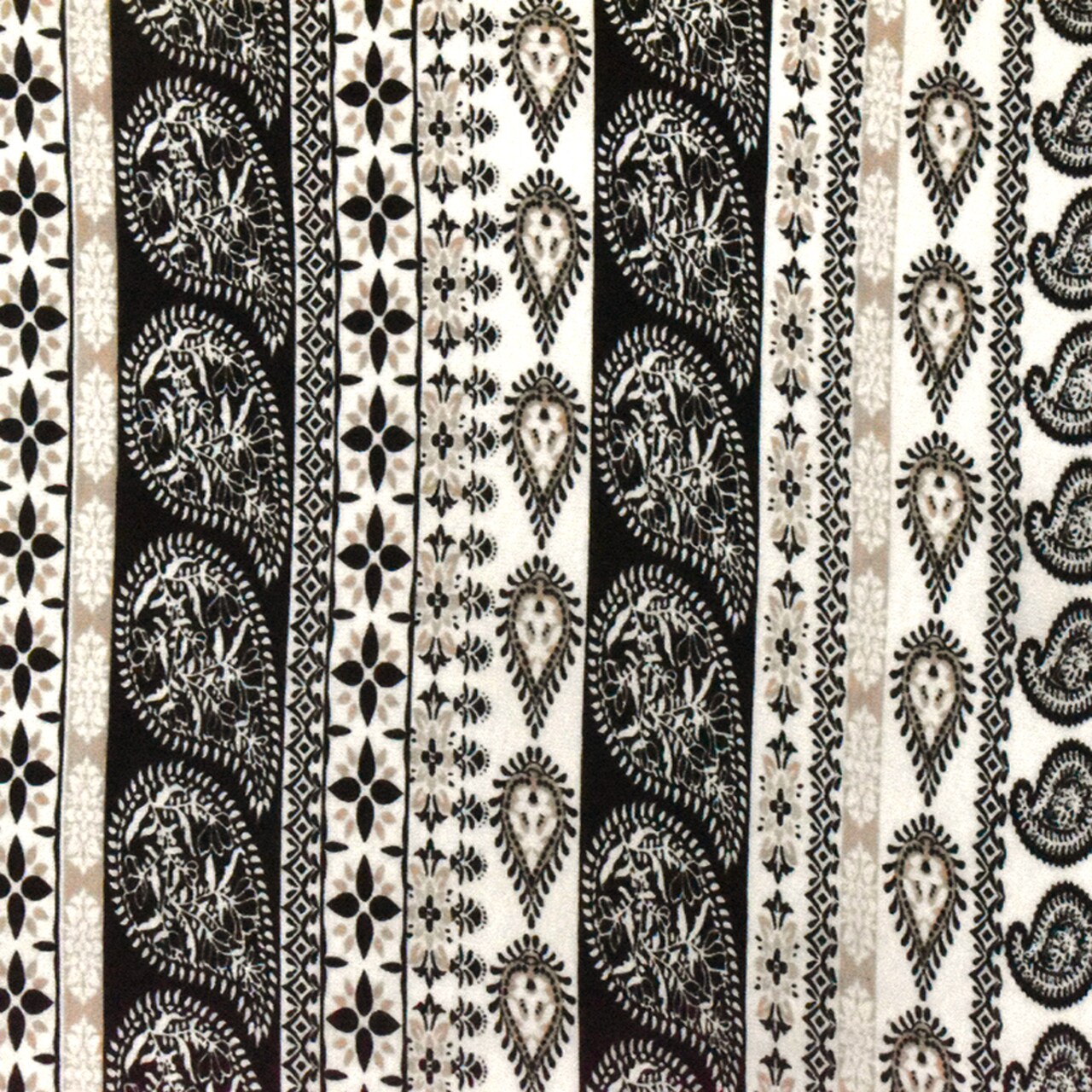 White-Black-Beige Paisley Stripe Printed Rayon Stretch Jersey Knit Fabric By the Yard